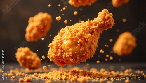 Crispy fried chicken pieces floating in the air, golden brown and tantalizing. Fried chicken pieces mid-air with crumbs and spices flying around. photo