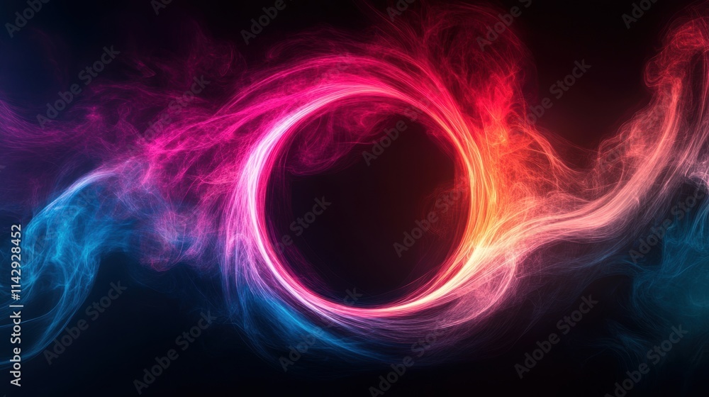 Abstract colorful smoke circle with blue, pink, and red light effects on dark background. Digital artwork Abstract colorful smoke circle with blue, pink, and red light effects on dark background. Digital artwork