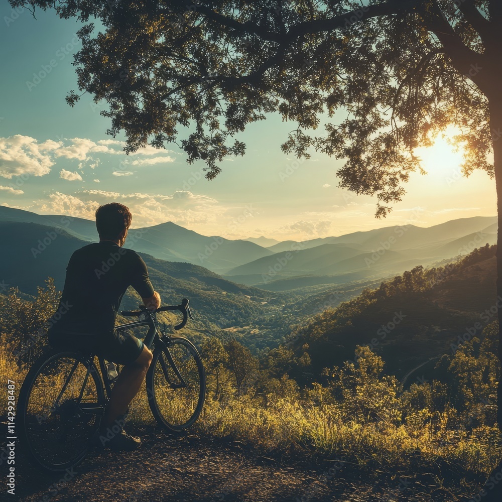 Obraz premium Cyclist pauses to enjoy the view.