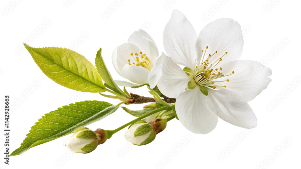 Fototapeta premium White Flower with Yellow Center and Green Leaves - Isolated on White Background,blossom isolated on white.