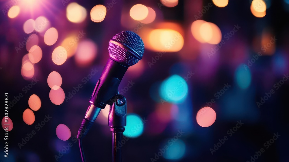 Obraz premium spotlight shining on a karaoke stage, with vibrant concert lights and bokeh effects creating a lively, festive atmosphere perfect for a night out at a disco or music event
