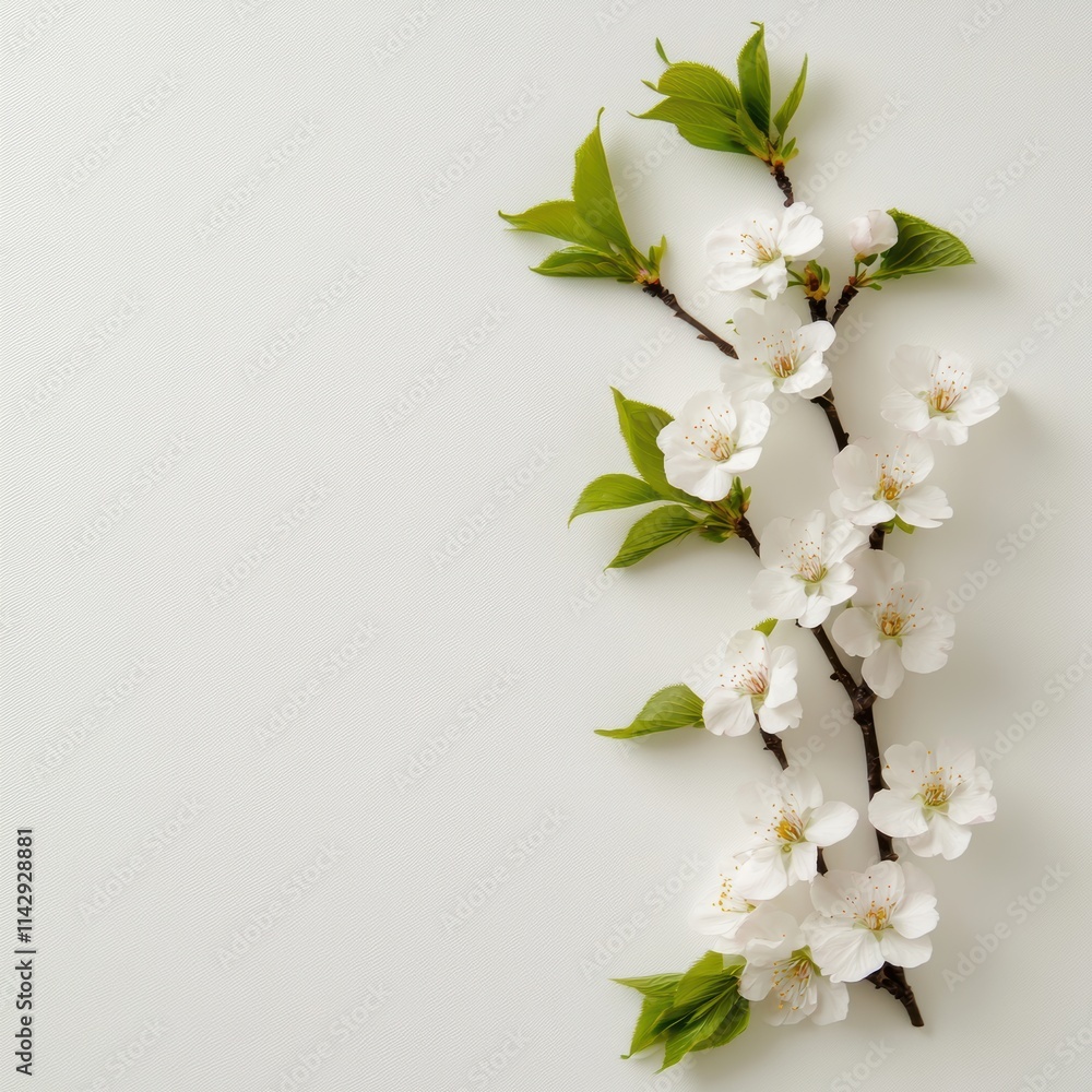 A delicate branch adorned with white cherry blossoms against a soft, neutral background, evoking a sense of spring and tranquility. A delicate branch adorned with white cherry blossoms against a soft, neutral background, evoking a sense of spring and tranquility.