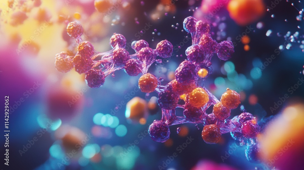 Colorful 3D render of molecular structure with glowing particles and abstract background. Colorful 3D render of molecular structure with glowing particles and abstract background.