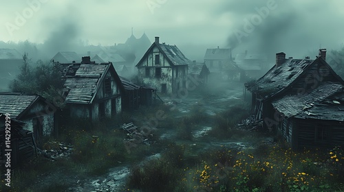 Foggy, ruined medieval village with overgrown vegetation.