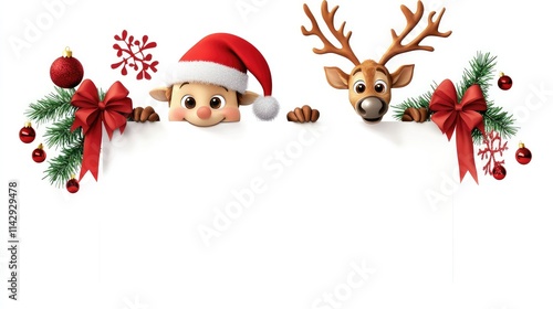 A happy cartoon and reindeer peeking from above a blank sign, their Santa hats tilted, surrounded by red bows, mistletoe, and holiday snowflakes, isolated on white
