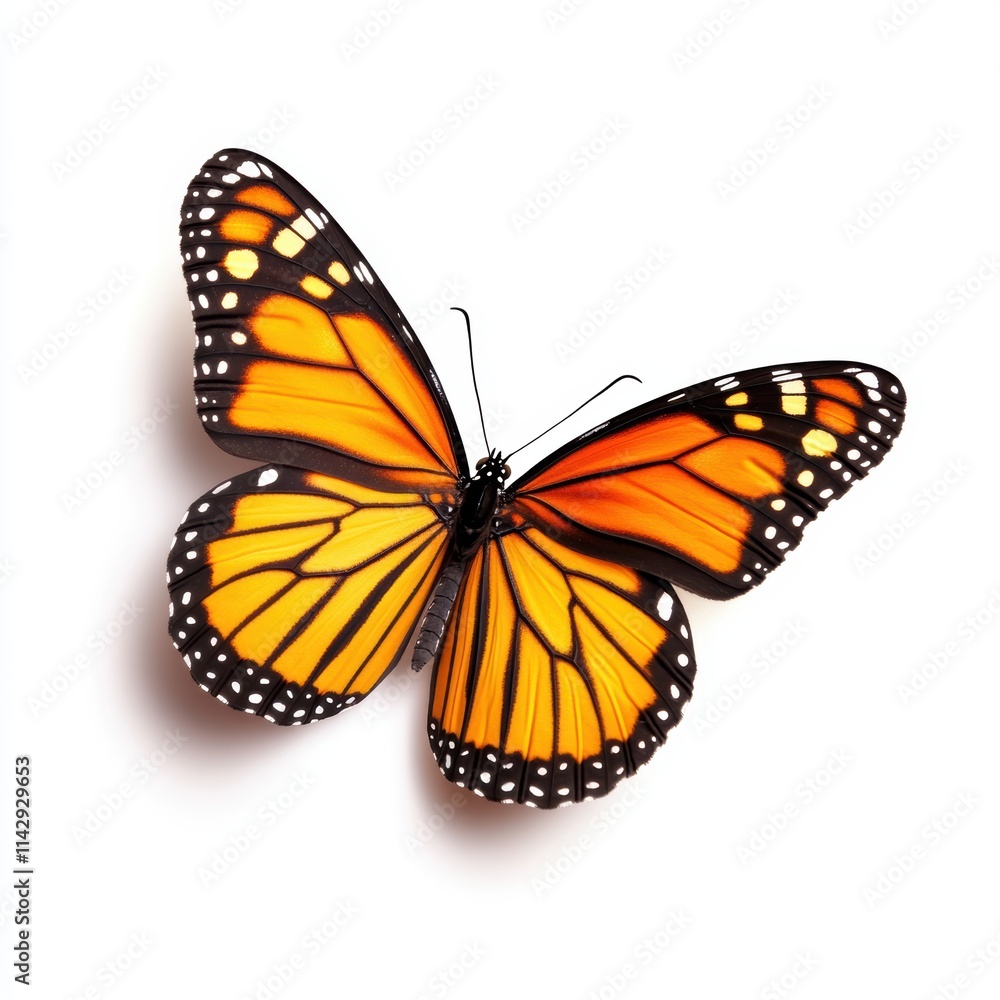 A vibrant orange and black Monarch butterfly with spread wings, showcasing intricate patterns against a plain background. A vibrant orange and black Monarch butterfly with spread wings, showcasing intricate patterns against a plain background.