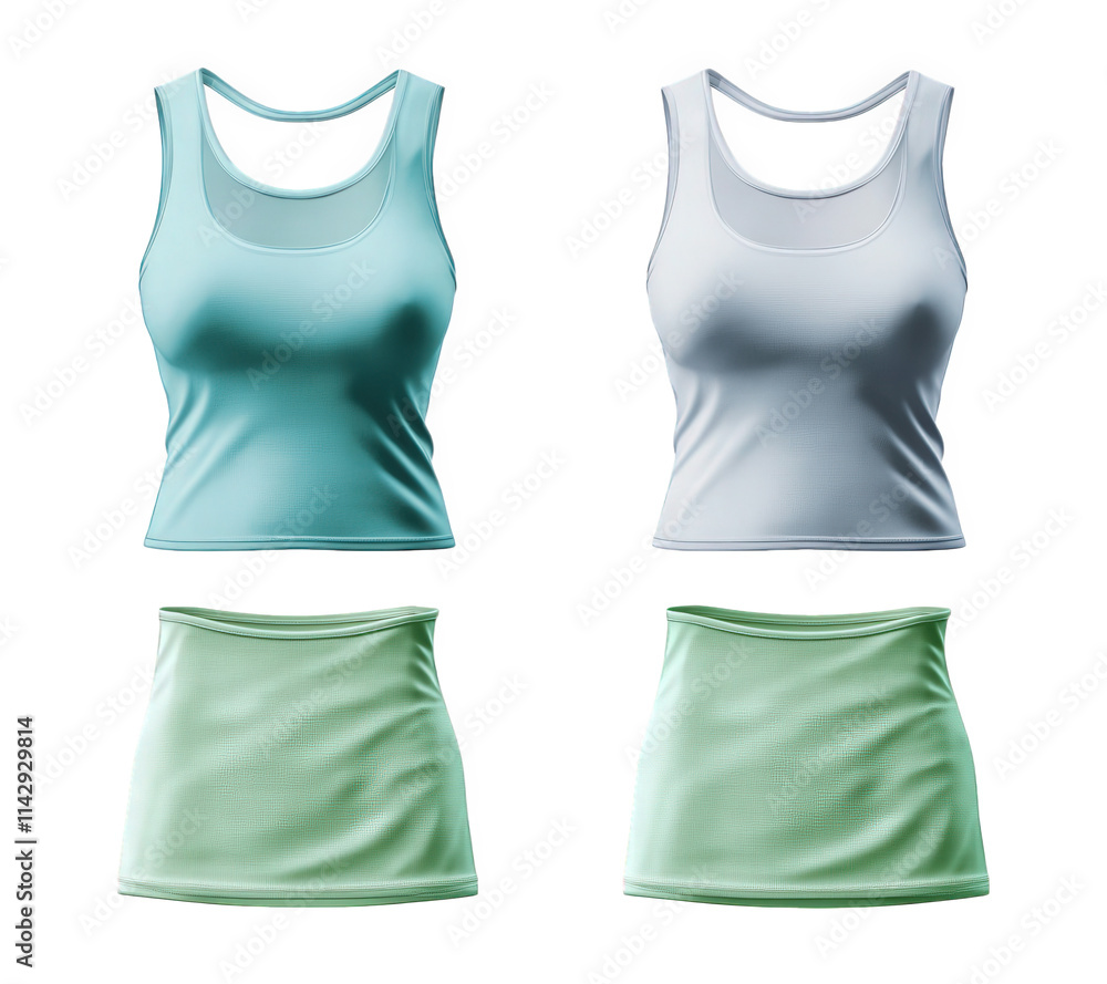 two tank tops in turquoise and grey. and two green miniskirts on a transparent background two tank tops in turquoise and grey. and two green miniskirts on a transparent background