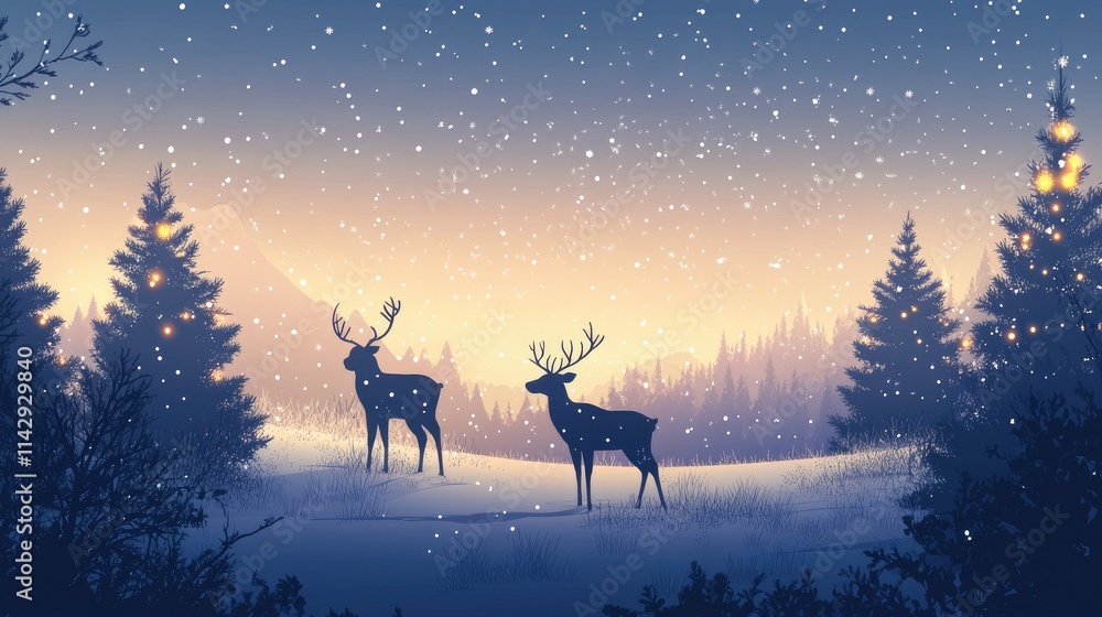 A serene winter banner showcasing a reindeer amidst a snowy forest, glowing Christmas tree lights, and softly falling snow. A serene winter banner showcasing a reindeer amidst a snowy forest, glowing Christmas tree lights, and softly falling snow.