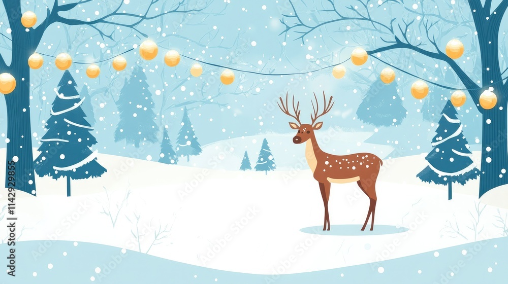 A serene winter banner showcasing a reindeer amidst a snowy forest, glowing Christmas tree lights, and softly falling snow. A serene winter banner showcasing a reindeer amidst a snowy forest, glowing Christmas tree lights, and softly falling snow.