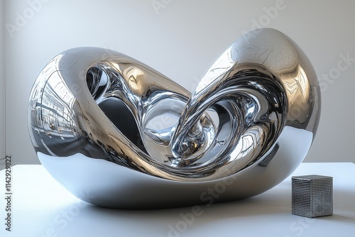 Abstract modern metallic sculpture reflecting on minimalist design photo