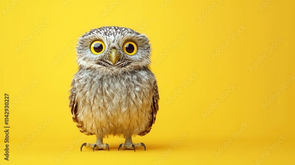 Fototapeta premium studio portrait of a surprised owl with wide eyes, perched on a bright yellow background, showcasing detailed feathers and a sense of curiosity, whimsical and playful