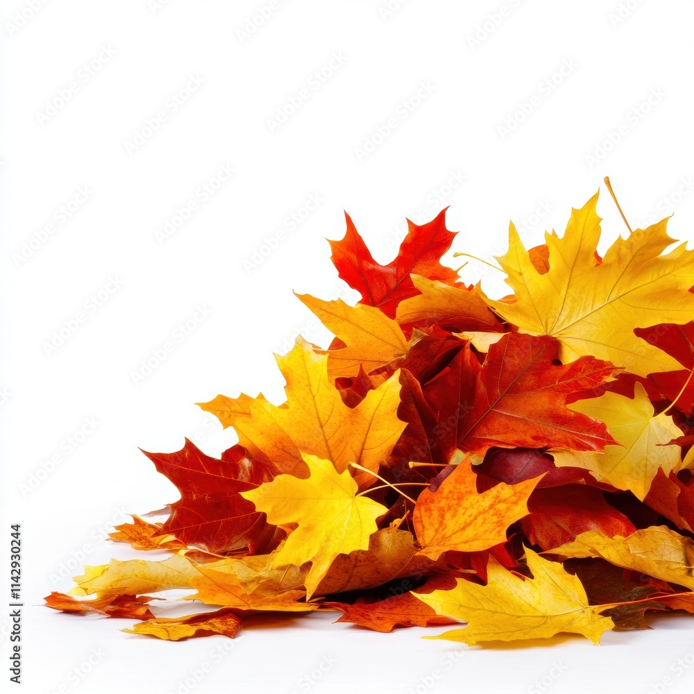 A vibrant pile of autumn leaves in shades of yellow, orange, and red, showcasing the beauty of fall foliage against a white background. A vibrant pile of autumn leaves in shades of yellow, orange, and red, showcasing the beauty of fall foliage against a white background.