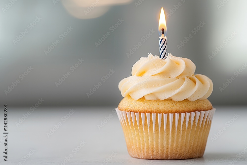 Delicious cupcake with buttercream frosting and a lit candle celebrating a special occasion indoors Delicious cupcake with buttercream frosting and a lit candle celebrating a special occasion indoors