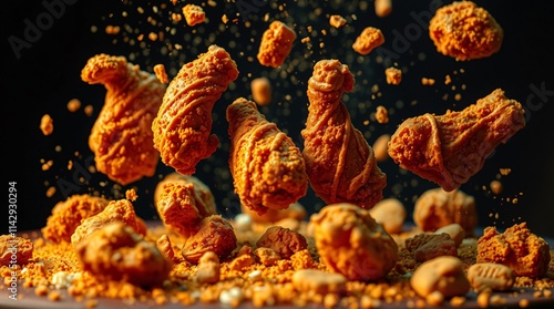 Crispy fried chicken pieces floating in the air, golden brown and tantalizing. Fried chicken pieces mid-air with crumbs and spices flying around. photo