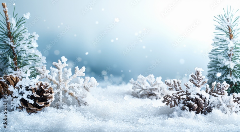 Snowy scene with pine cones and pine trees in the snow, space for text Snowy scene with pine cones and pine trees in the snow, space for text