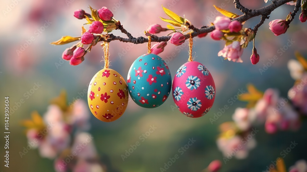 Fototapeta premium Colorful decorated eggs hanging from a flower-laden branch during springtime festivities in a vibrant garden