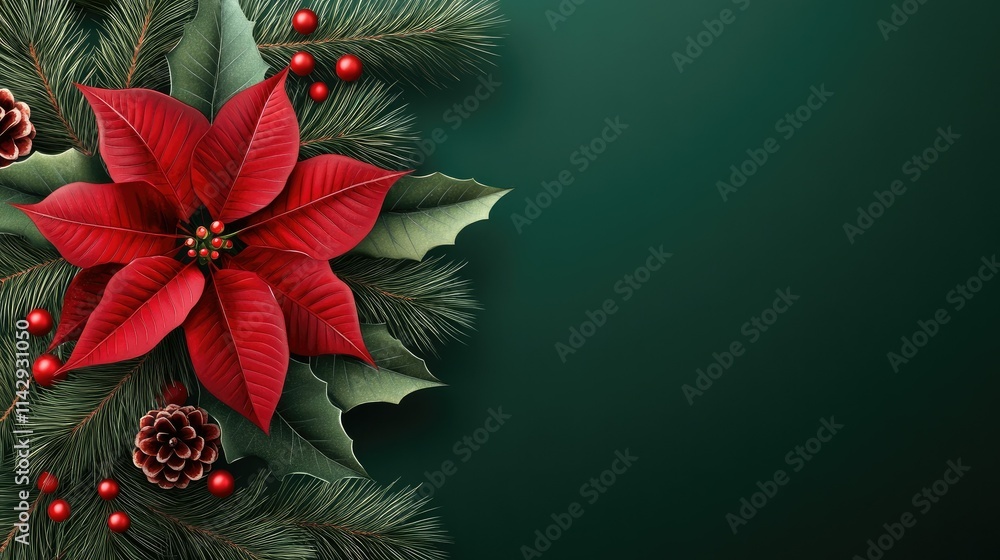 Christmas banner with a sleek dark green background, a striking poinsettia flower, and fir branches arranged asymmetrically Christmas banner with a sleek dark green background, a striking poinsettia flower, and fir branches arranged asymmetrically