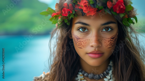 Portrait of a young woman with floral crown and tribal markings on a tropical coast