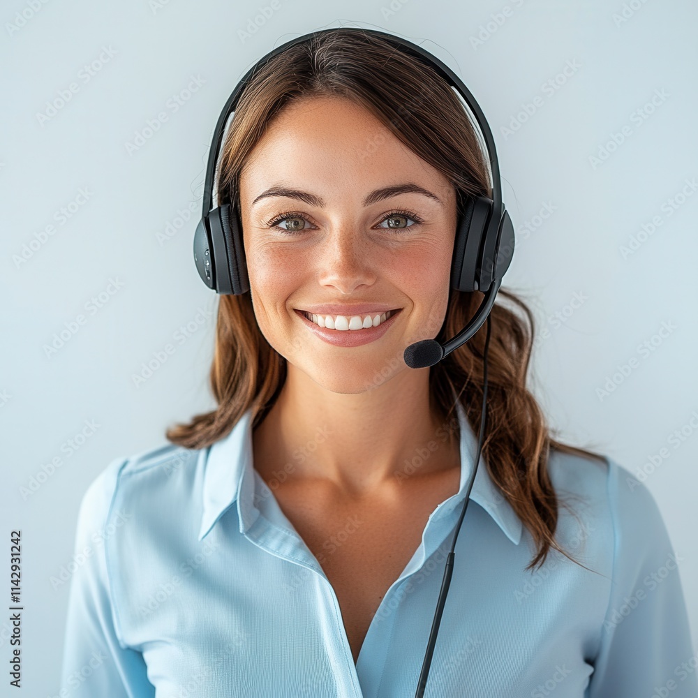 Young woman with headset smiling while working in a modern office environment during daytime Young woman with headset smiling while working in a modern office environment during daytime