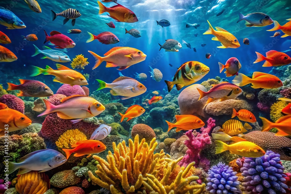 Naklejka premium Stunning Candid Underwater Fish Photography: Close-Up Shots, Vibrant Reefs, Aquatic Life, Ocean Wildlife