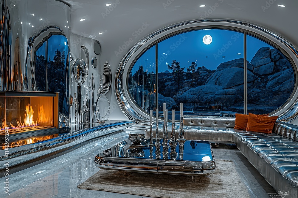 Fototapeta premium Futuristic living room with moonlit view and modern fireplace design