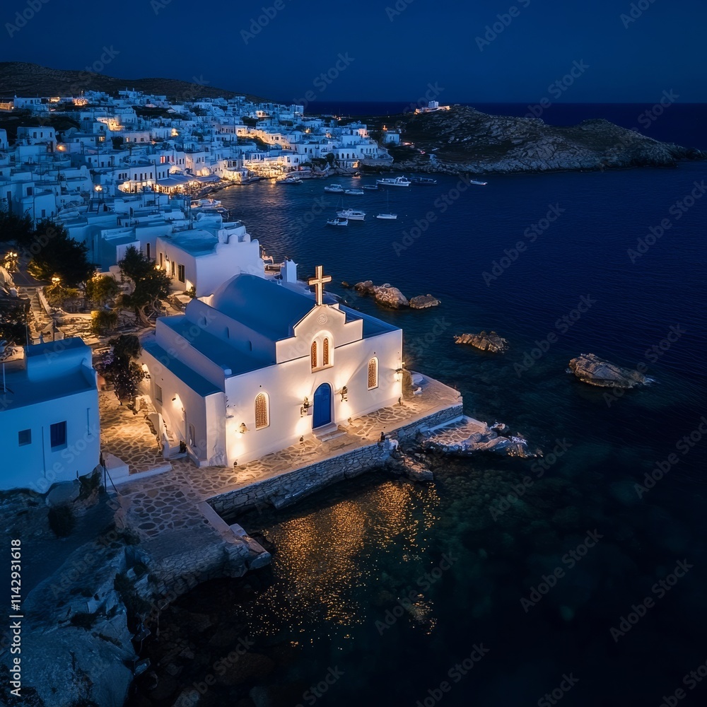 Fototapeta premium Nighttime drone shot of iconic Paraportiani chapel near Little Venice in Mykonos.