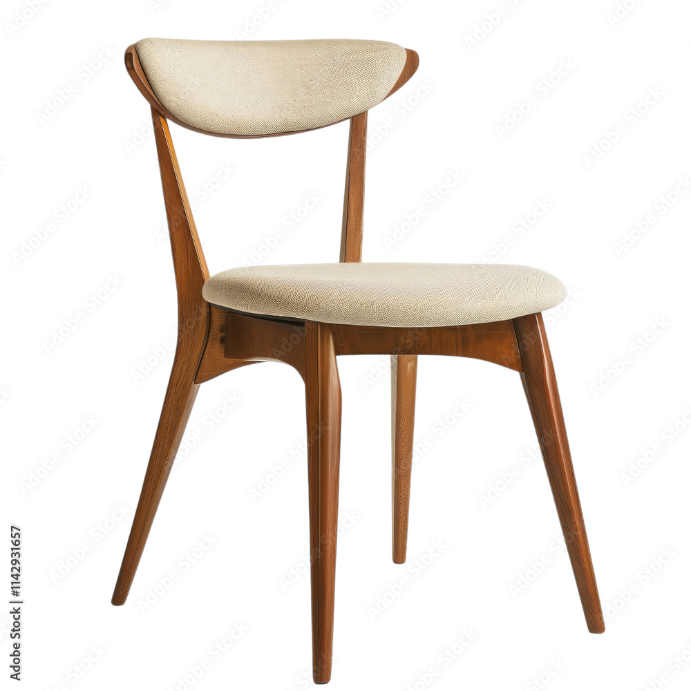 PNG of Elegant wooden chair with soft cream upholstery, showcasing mid-century modern design and clean lines, White or Transparent Background PNG of Elegant wooden chair with soft cream upholstery, showcasing mid-century modern design and clean lines, White or Transparent Background