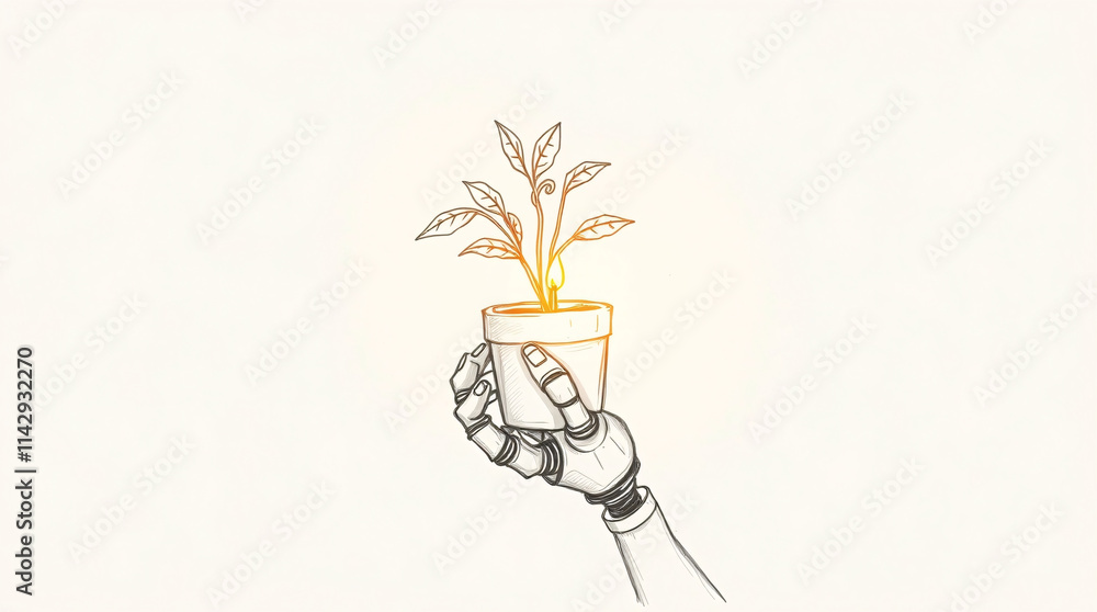 Futuristic Robot Hand Gently Holding a Green Sprout Seedling, Ready for Planting in a High-Tech Greenhouse, Symbolizing the Intersection of Technology and Nature Futuristic Robot Hand Gently Holding a Green Sprout Seedling, Ready for Planting in a High-Tech Greenhouse, Symbolizing the Intersection of Technology and Nature