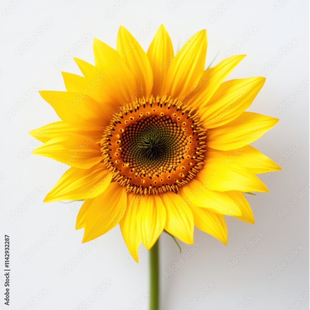 Obraz premium A vibrant sunflower with yellow petals and a dark center, set against a clean, white background, radiating cheerfulness and natural beauty.