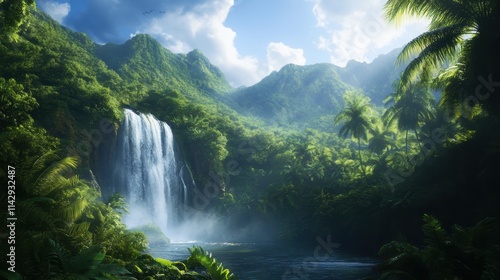 A lush green landscape featuring a majestic waterfall surrounded by mountains and tropical vegetation under a bright sky.