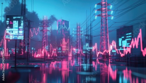 Wallpaper Mural Neon Cityscape: Futuristic Energy Grid and Stock Market Data Torontodigital.ca