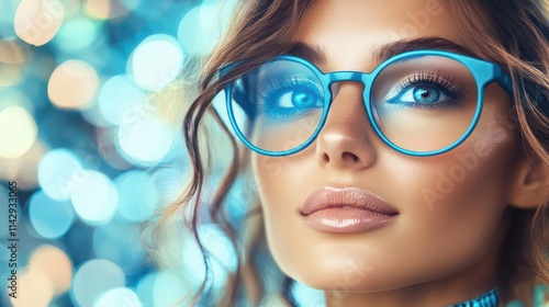 stylish woman wearing blue glasses, surrounded by a dreamy bokeh background, embodying contemporary fashion trends and urban lifestyle with a chic, modern flair