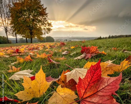 feuille d'automne et paysage campagnard photo