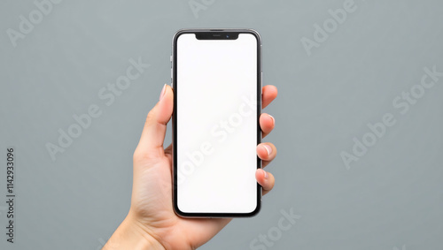 A Womans Hand Gripping a Smartphone on a Soft Grey Background, Highlighting the Contemporary Look and Practicality of the Device in a Simple Setting