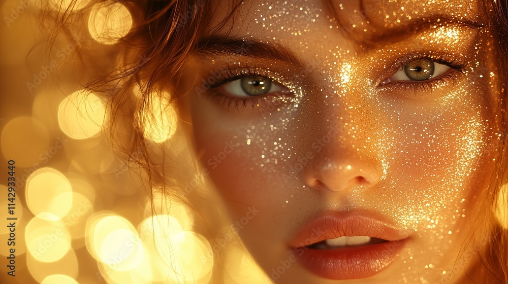 Woman face on Abstract golden background with bokeh effect Woman face on Abstract golden background with bokeh effect