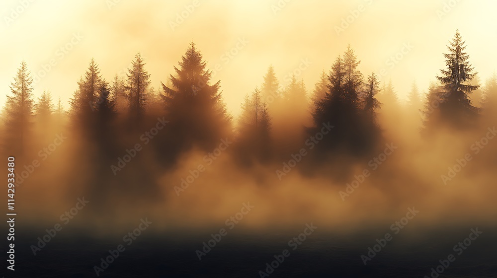 Golden Sunrise Mist Shrouds Dark Evergreen Trees Golden Sunrise Mist Shrouds Dark Evergreen Trees