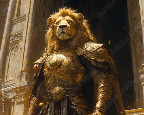 regal leonine paladin in golden armor standing majestic against a cathedral backdrop, exuding nobility photo