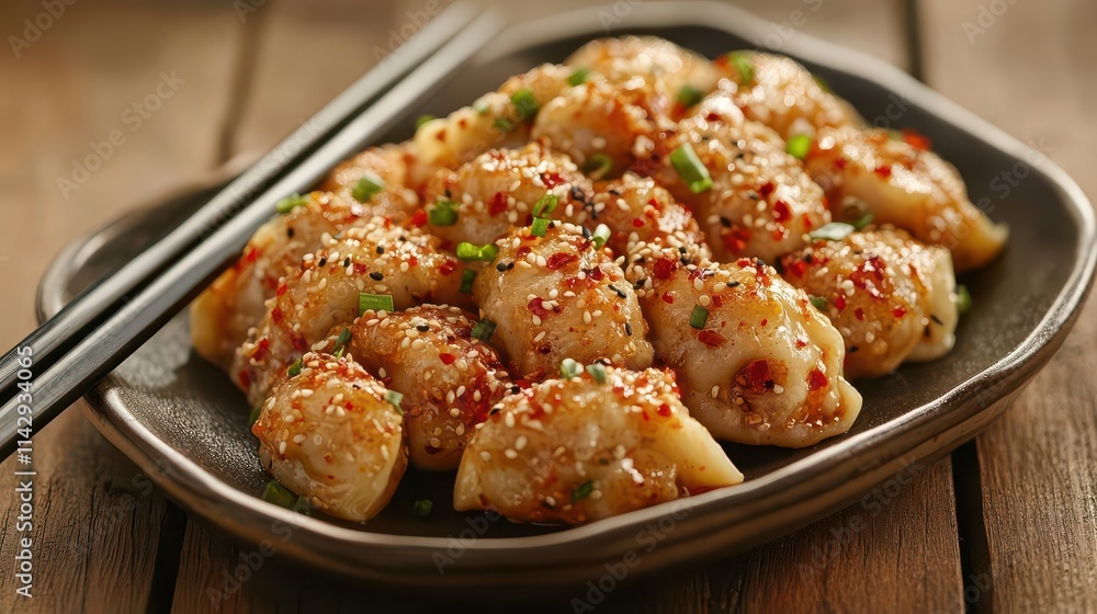 sumptuous plate of steaming dumplings sprinkled with sesame seeds and vibrant chili flakes, artistically arranged with chopsticks resting alongside, set against a rustic wooden table sumptuous plate of steaming dumplings sprinkled with sesame seeds and vibrant chili flakes, artistically arranged with chopsticks resting alongside, set against a rustic wooden table