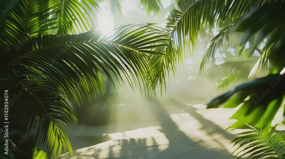 Naklejka premium sun rays gently filtering through lush green palm fronds, casting dappled shadows on a sandy beach backdrop, evoking a dreamy summer vibe
