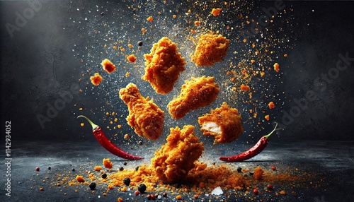 Crispy fried chicken pieces floating in the air, golden brown and tantalizing. Fried chicken pieces mid-air with crumbs and spices flying around. photo