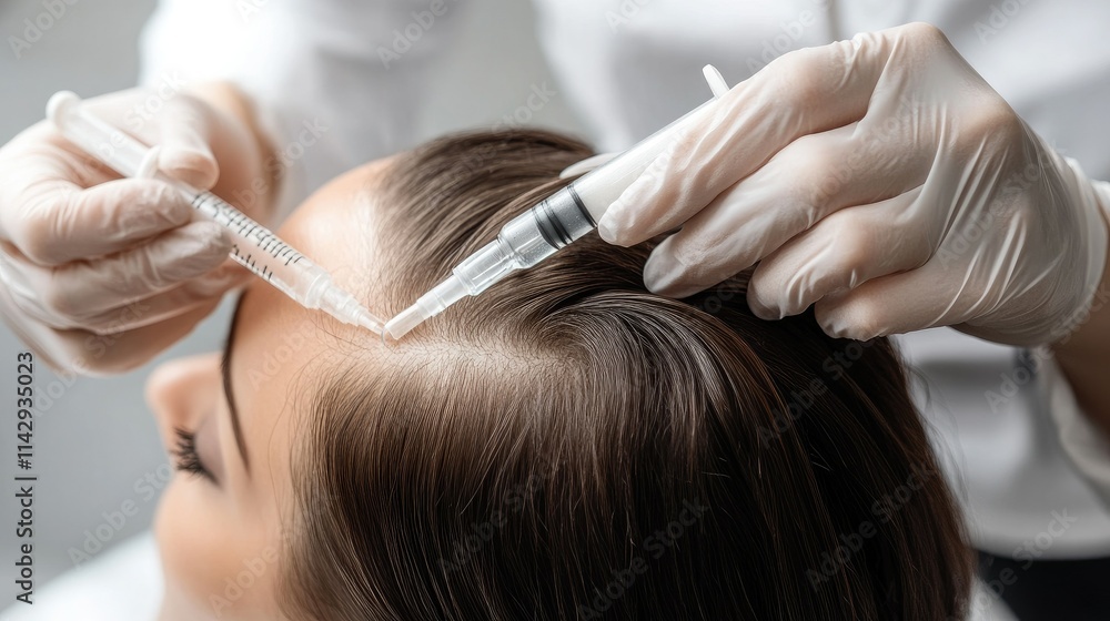 Naklejka premium Modern salon setting with a beautician treating a client scalp with hair growth serum for a rejuvenating experience