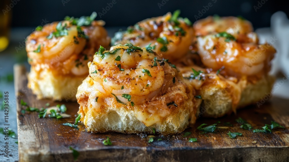 Delicious Shrimp Topped Bread Appetizer with Garlic Butter and Fresh Herbs Served on a Rustic Wooden Board for a Tasty Snack or Party Dish Delicious Shrimp Topped Bread Appetizer with Garlic Butter and Fresh Herbs Served on a Rustic Wooden Board for a Tasty Snack or Party Dish