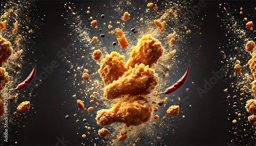 Crispy fried chicken pieces floating in the air, golden brown and tantalizing. Fried chicken pieces mid-air with crumbs and spices flying around. photo