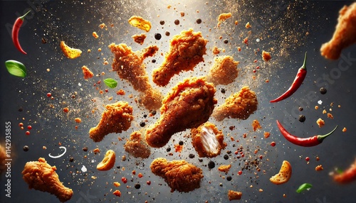 Crispy fried chicken pieces floating in the air, golden brown and tantalizing. Fried chicken pieces mid-air with crumbs and spices flying around. photo