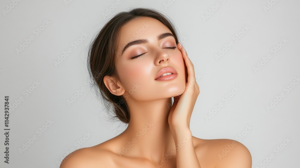 Close-Up of Smiling Woman with Radiant Skin Touching Face Beauty Skincare Natural Wellness Look Close-Up of Smiling Woman with Radiant Skin Touching Face Beauty Skincare Natural Wellness Look