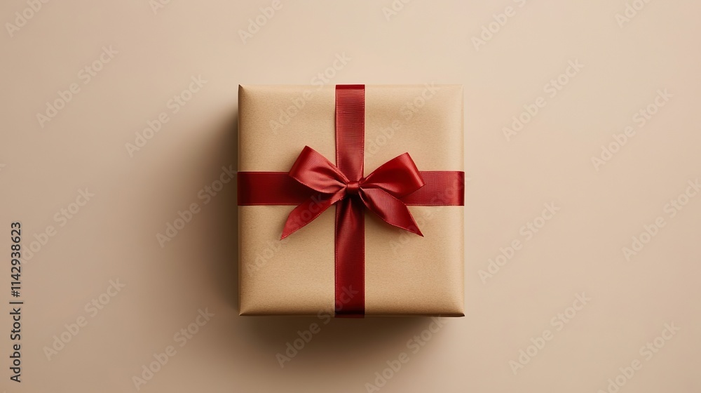 Elegant Kraft Gift Box With Neat Red Bow on Beige Background Elegant Kraft Gift Box With Neat Red Bow on Beige Background