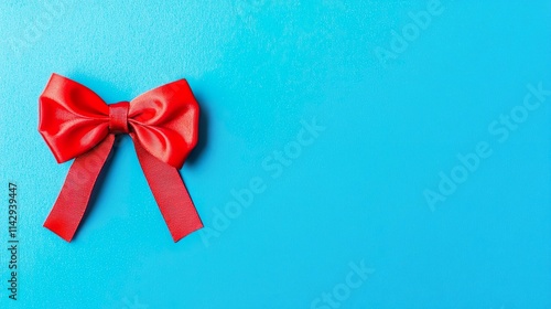 Red Satin Bow Centered On Soft Neutral Background For Packaging Decor photo