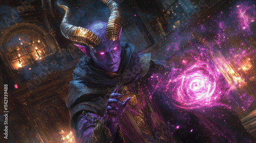 sinister tiefling sorcerer conjuring a swirling galaxy of purple magic photo