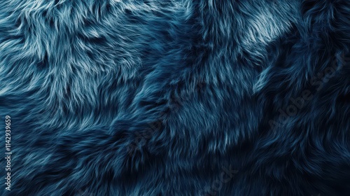 top view of a luxurious blue fur texture, showcasing the rich softness and intricate patterns of the shaggy surface, creating a sense of warmth and comfort in a stylish interior