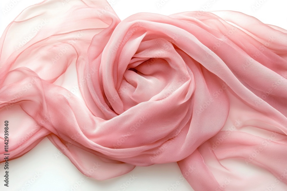 Soft pink sheer scarf draped in spiral design on white background Soft pink sheer scarf draped in spiral design on white background